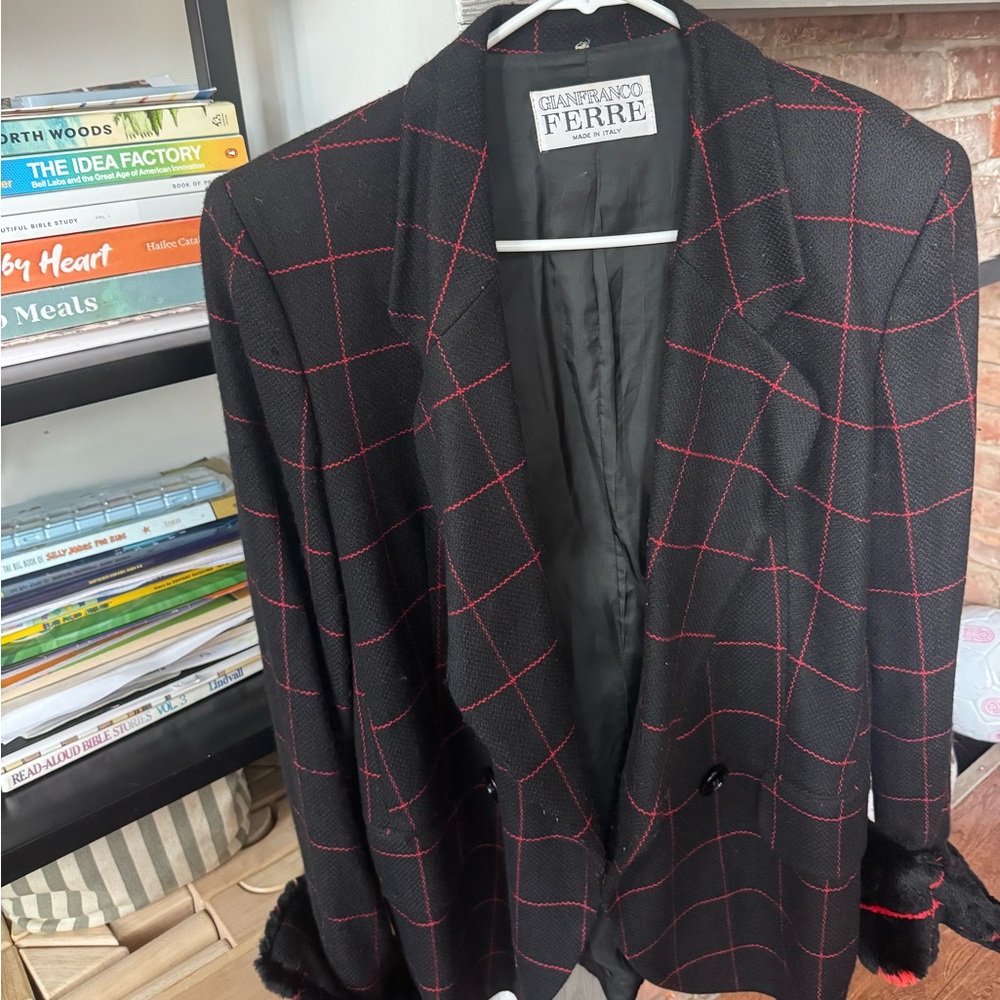 Gianfranco Ferre Black Blazer with Red Window Pane Pattern